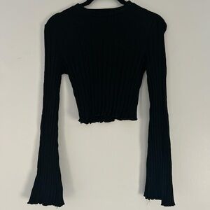 Small Black Ribbed High Neck Crop Top with Frill Sleeves